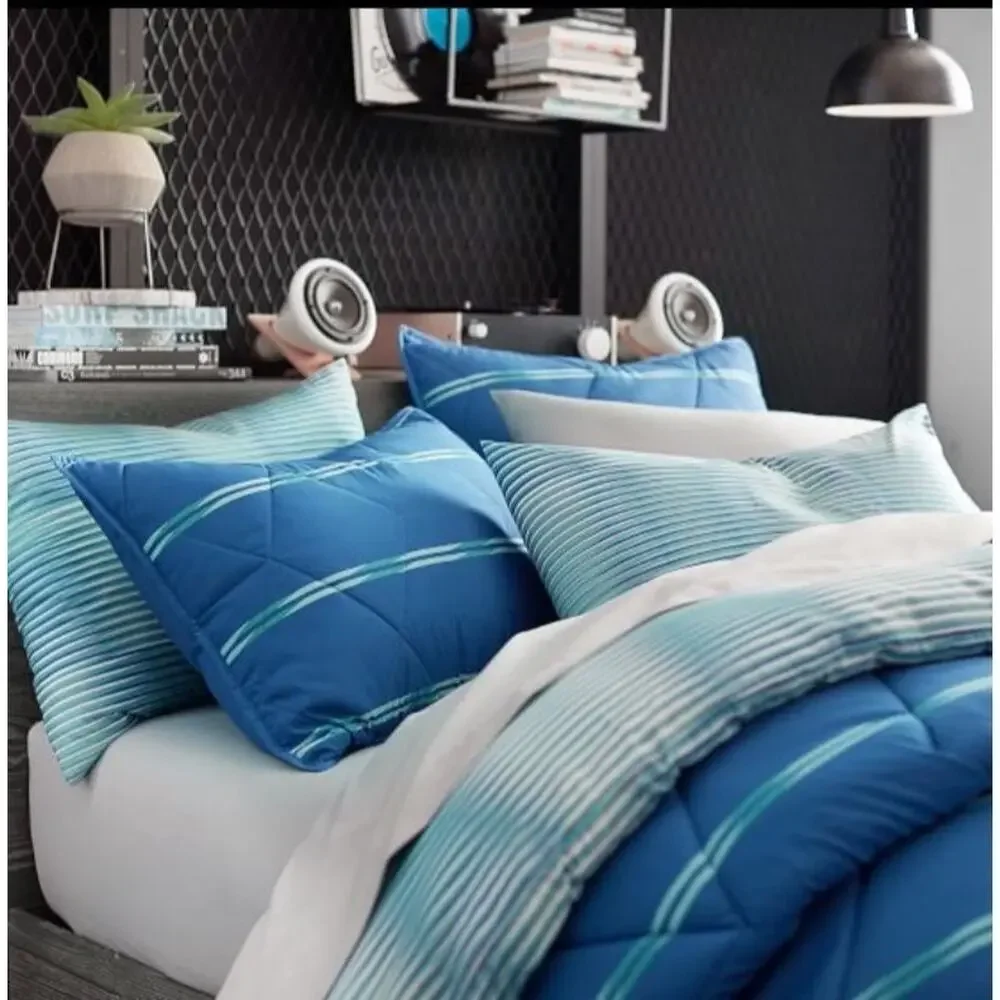 NEW PB Teen Standard PILLOW CASE Blue White Striped Organic Terrain Microfiber